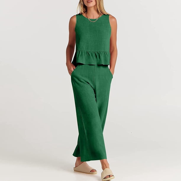 Chaleco Conjunto de pantalones de 2 piezas para mujer Traje informal de vacaciones de cintura alta de algodón (verde retro L) Kuymtek verde retro T L para Mujer