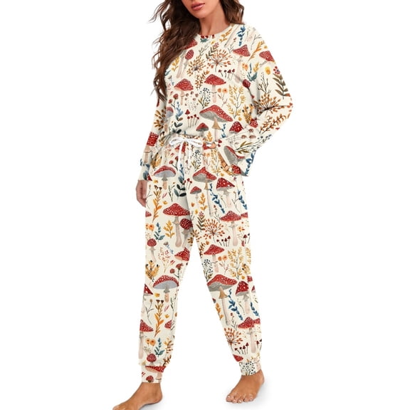 DISNIMO Womens Pajamas Set Mushroom Print Long Sleeve Top with Long Pants 2 Piece Pjs Sets Casual Soft Nightwear Round Neck Lounge Sets, Available in Plus Size, 2XL