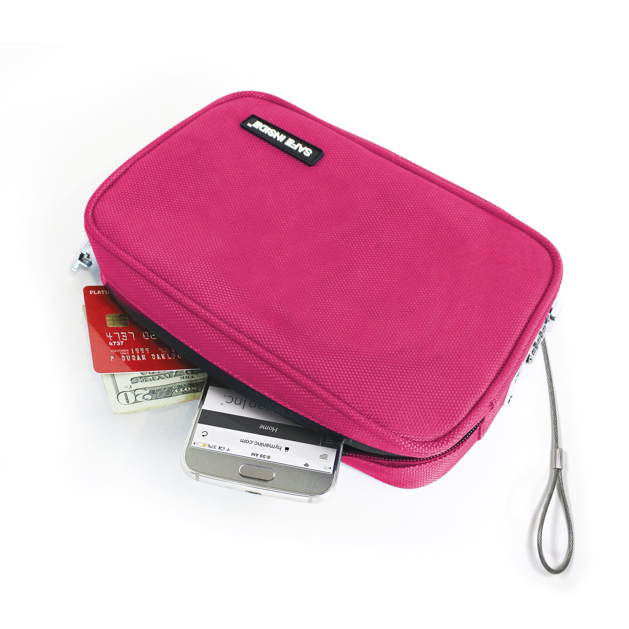 Safe Inside Medium Solid Pink Zipper Locking Privacy Pouch with Steel Tether Cable Organizer Bag