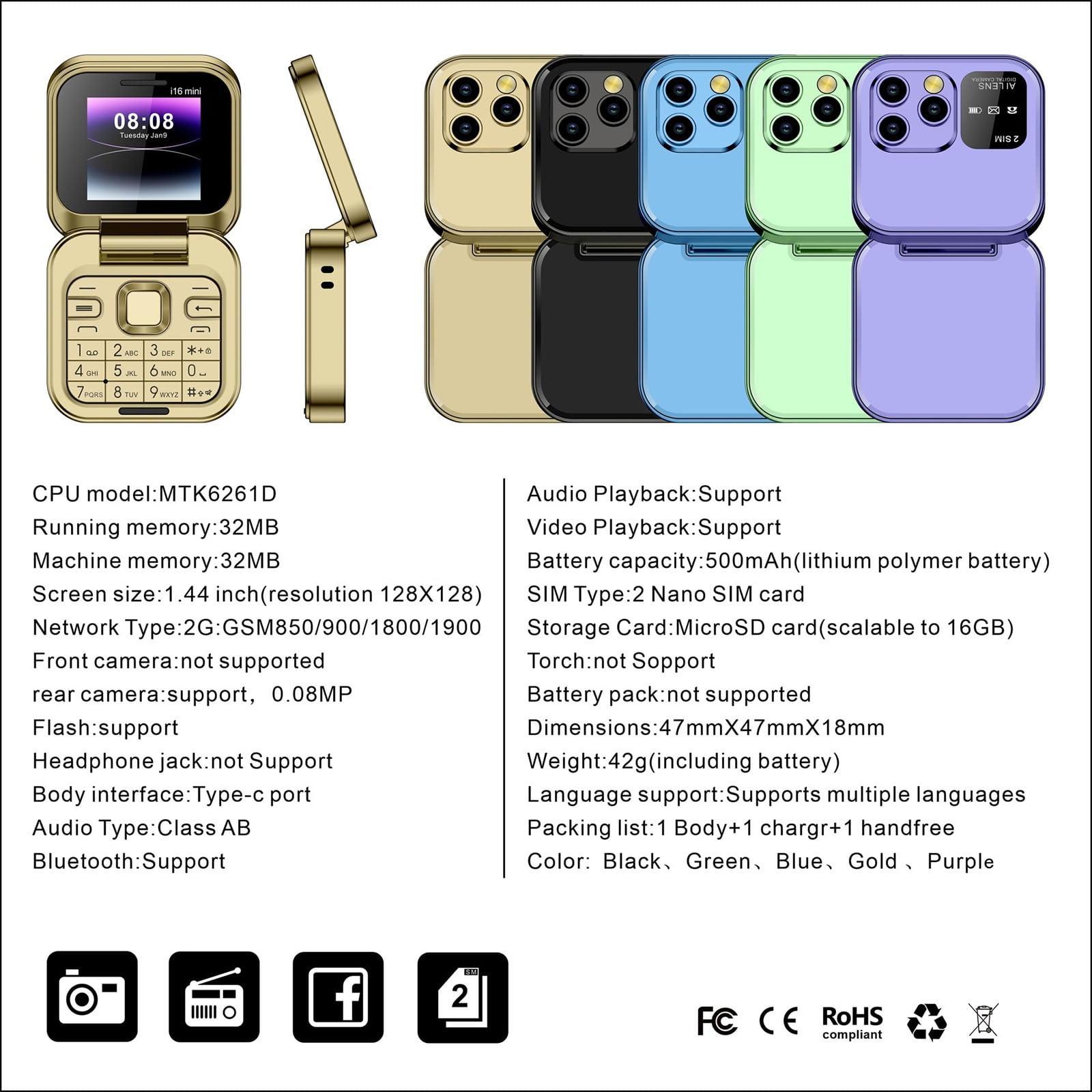 UNLLLL 2024 New Mini Flip Mobile Phone, 2 SIM Card Small Display Foldable Cell Phone, Unlocked Flip Phone 2G Flip Cell Phone, for Seniors