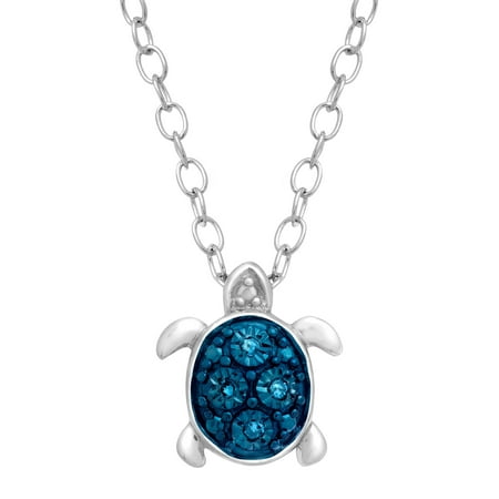 Petite Expressions Turtle Pendant Necklace with Blue Diamonds in Sterling Silver