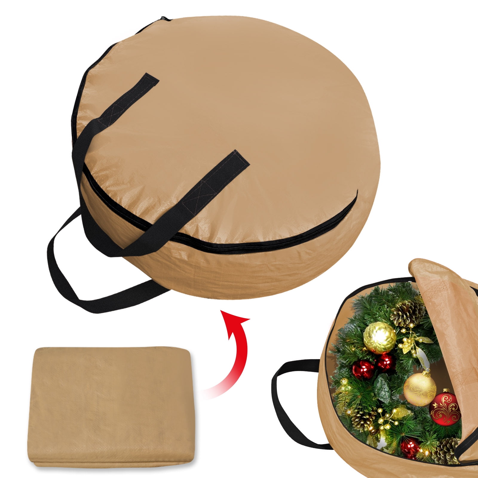 Sunrise Heavy Duty Christmas Wreath Storage Bag Xmas Holiday Wreath Storage Container for 24-Inch Wreaths (Tan)