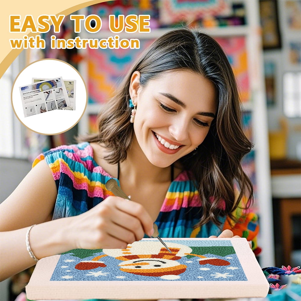 Polyester Cotton Punch Needle 4Folded Yarns Embroidery Kits Included Threader Cotton Thread Punch Needle Thread Clips 3.5MM Wooden Needle Snowman