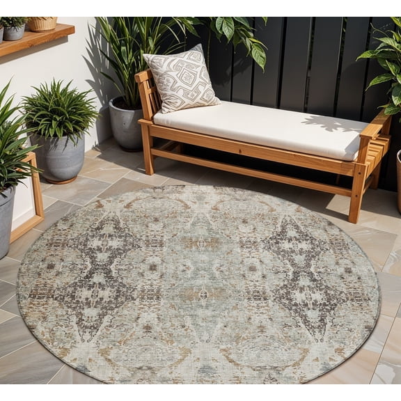 HomeRoots 606244 8 ft. Linen Black & Brown Round Floral Washable Indoor & Outdoor Area Rug