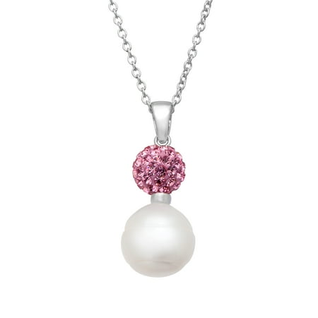 Freshwater Pearl Drop Pendant Necklace with Pink Swarovski Crystals in Sterling Silver