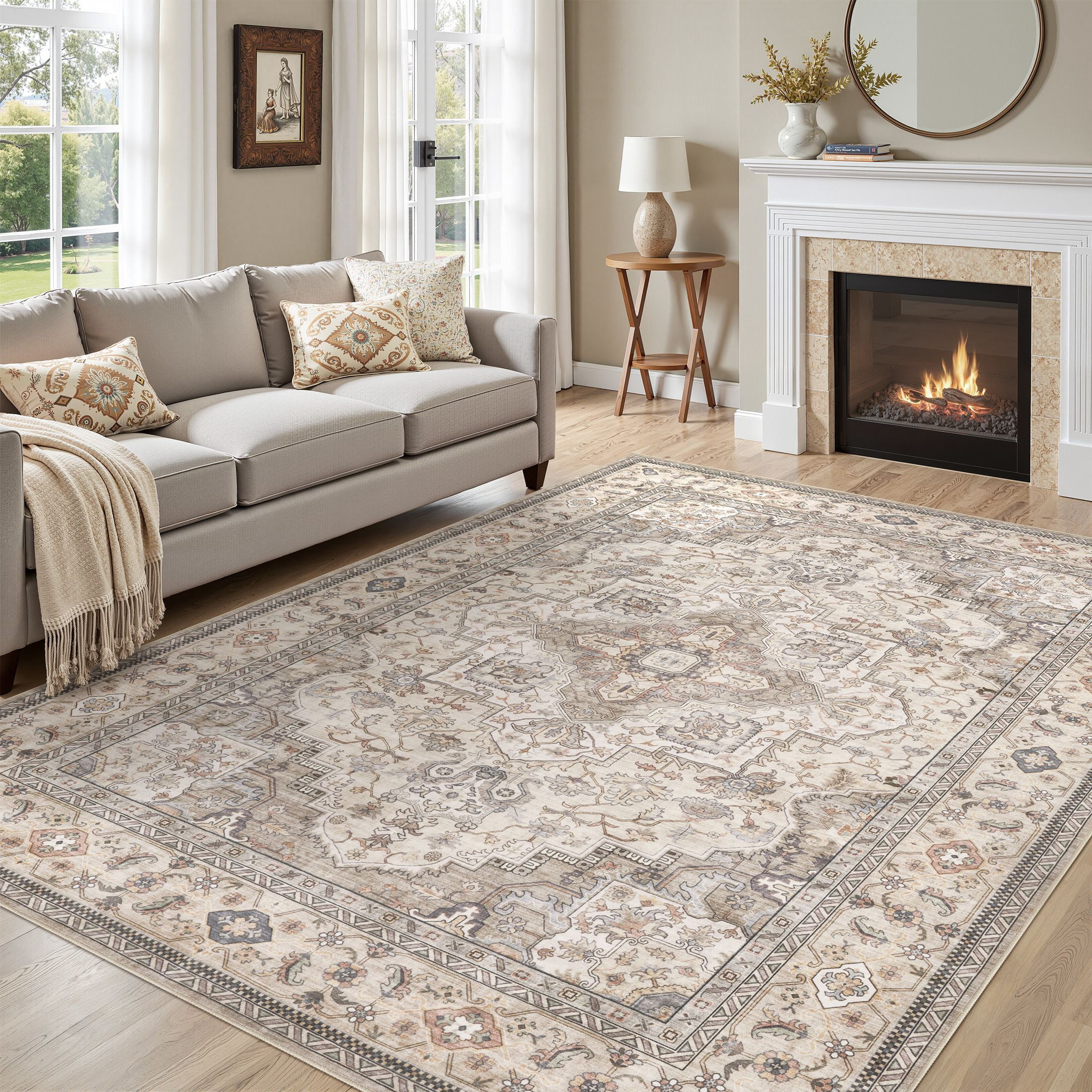 UERMEI 5'x7' Washable Area Rugs for Living Room, Vintage Floral Boho Printed Carpet, Non Slip Indoor Rugs for Bedroom Home Decor Carpets, Beige Brown