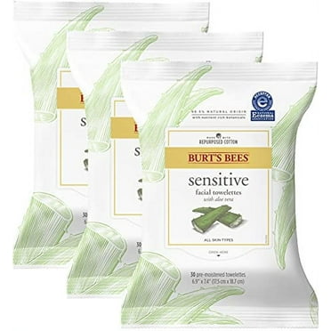 Burt's Bees Face Wipes for Her, Makeup Remover Facial Cleansing Towelettes for Sensitive Skin, Hydrating with Aloe Vera, 30 Count (Pack of 3)
