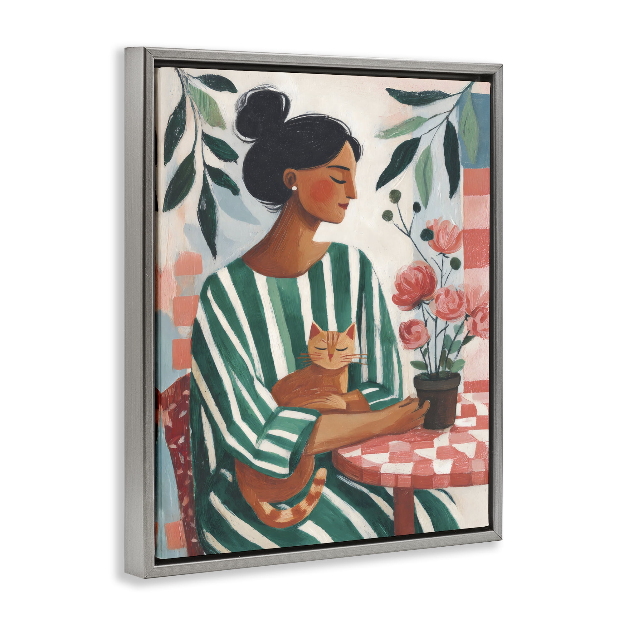 Stupell Industries Cat Lady in Striped Dress Gray Framed Floater Canvas Wall Art, design by Sisi and Seb