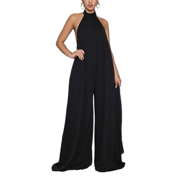 VISgogo Mono sin mangas con cuello halter para mujer con pierna ancha Color sólido Ropa de verano fresca sin espalda VISgogo moda