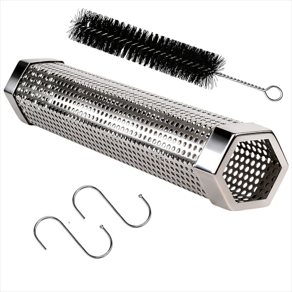 Smoke Tube for Pellet Smoker, BYKXU 304 Stainless Steel 12" Tube Produces 5 Hours Billowing Smoke - Hot Cold Smoking, 2 S-Shaped Hooks & Cleaning Brush, Smoker Accessories for Grill Smoker