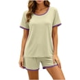 thumbnail image 3 of Pajamas for Women Set Dqueduo Women's Solid Color Crew Neck Short Sleeve Top & Shorts Pajama Set – Contrast Piping Loungewear, 3 of 7