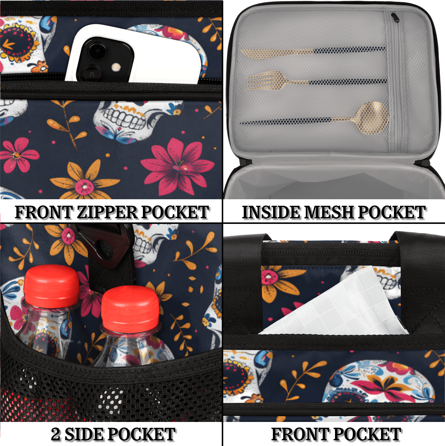 Herdesigns Sugar Skull Flowers Large Lunch Box for Adults Women Men with Adjustable Shoulder Strap, Insulated Reusable Lunch Bag Leakproof Cooler Tote Bag