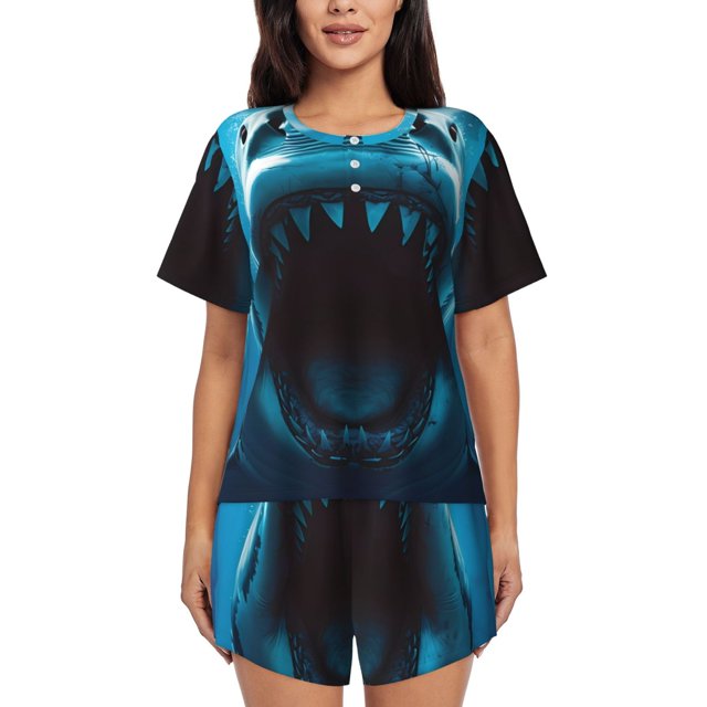 Balery Open-Mouthed Shark Conjunto de Pijama para Mujer con Estampado, Dos Piezas de Manga Corta y Shorts, Ropa de Dormir Suave con Cuello Redondo y Bolsillos-Medium