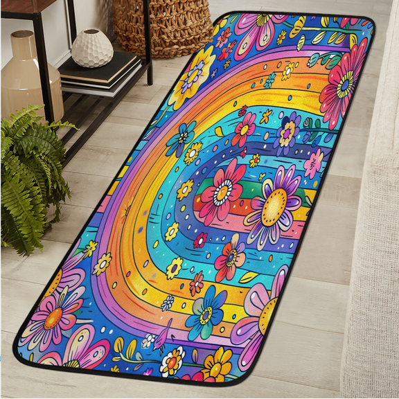 CURLYOOT Rainbow Daisy Runner Rug 2'x6' Washable Kitchen Runner Rug Indoor Non Slip Laundry Rugs Abstract Floor Carpet for Hallway Kitchen Entryway Bedroom Living Room