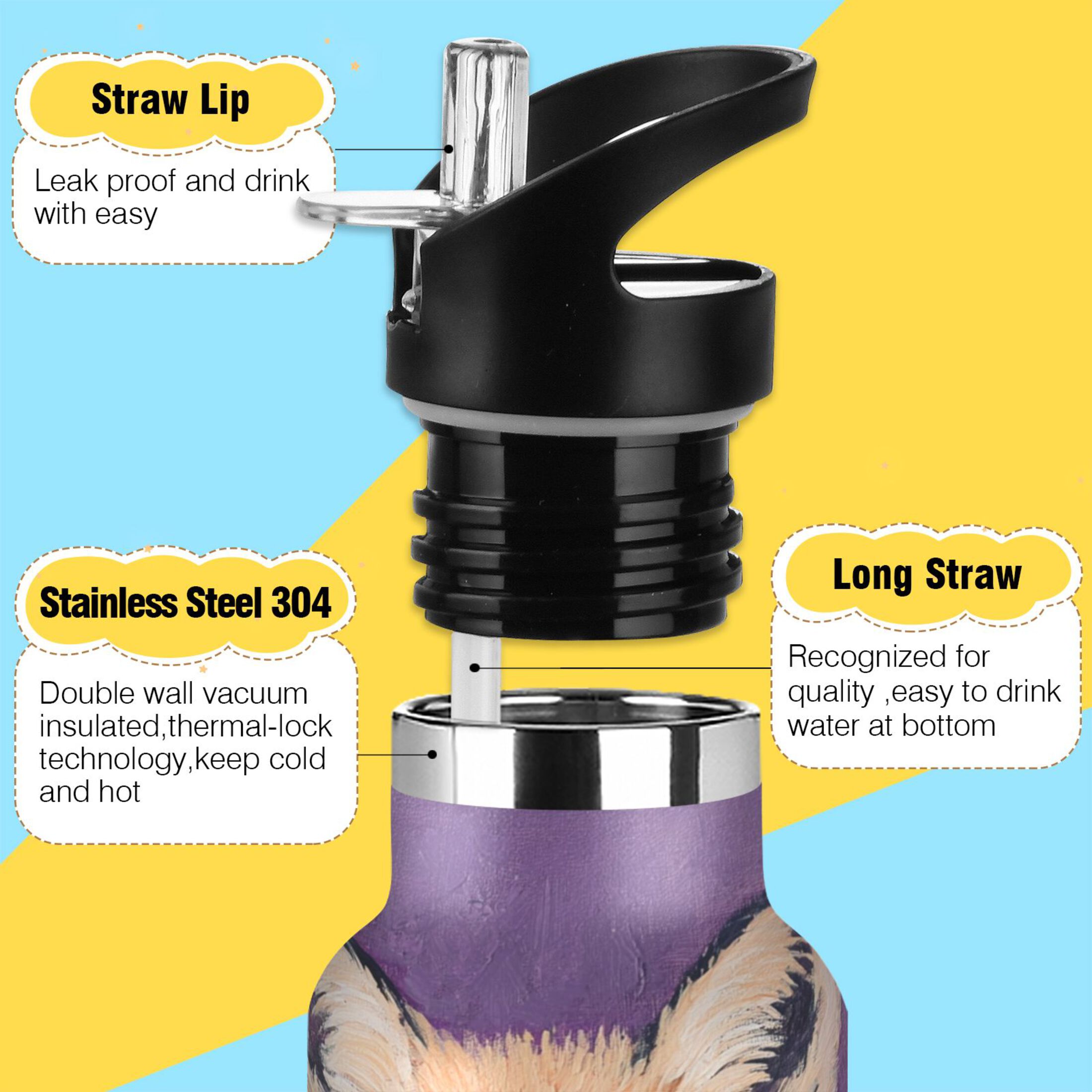 600ML Stainless Steel Insulated Cup Sports Water Bottle Portable Thermos Cup Water Glasses Insulated Tumblers Convenient and Durable Cute Sleeping Fox