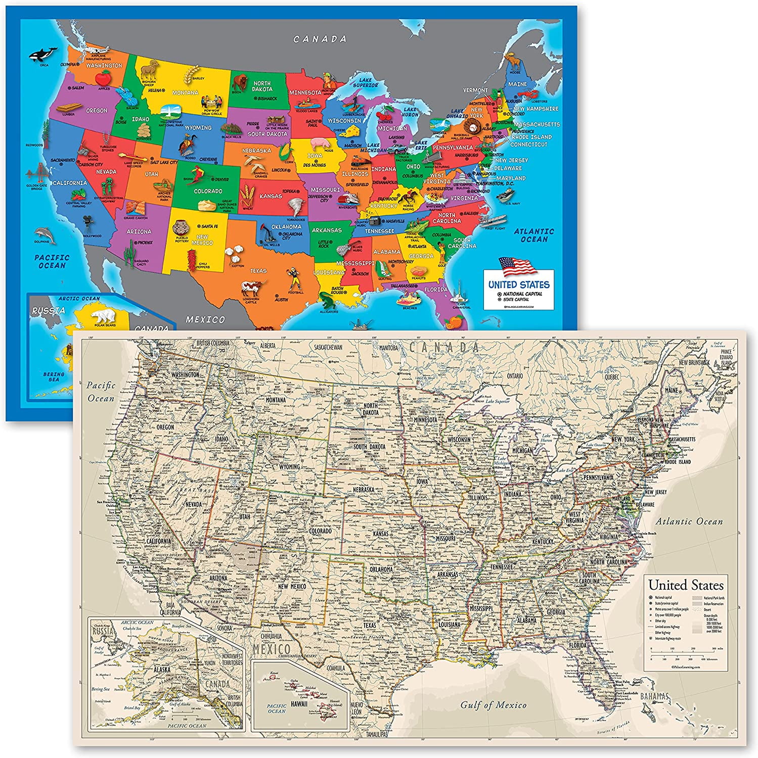 2 Pack - USA Map Poster [Illustrated Short] & Antique Style USA Map 