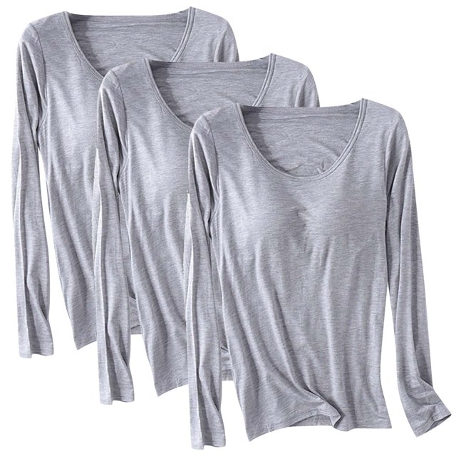 Cameland 3PC Women's Basic Scoop Neck Long Sleeve Shirt with Built in Bra Slim Fit Solid Color Padded Top Pullover Base Layer Tee