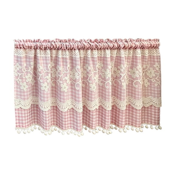 Farmhouse Gingham Plaid Short Curtain with Lace (Pink,39.4"x19.7") | Rustic Floral Pattern Sheer Window Valance Light Filtering Rod Pocket Curtain for Kitchen Bedroom Living Room Decor