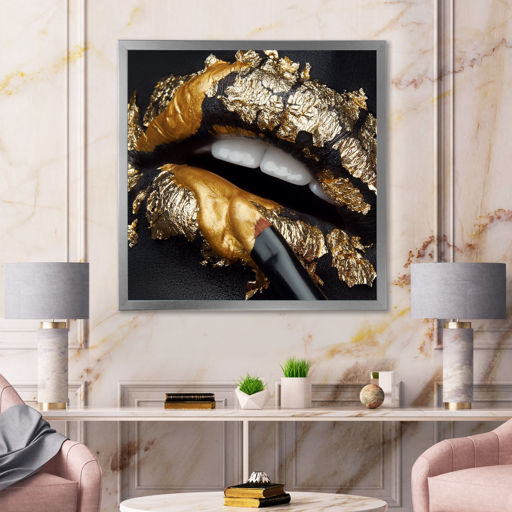Designart 'Female Lips With Black Leather and Gold Foil' Modern Framed Art Print