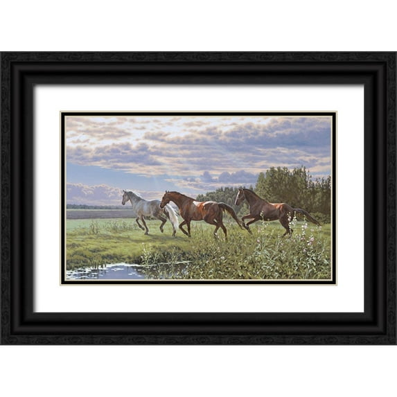 Adamov, Alexey 14x10 Black Ornate Wood Framed with Double Matting Museum Art Print Titled - Three Running Horses