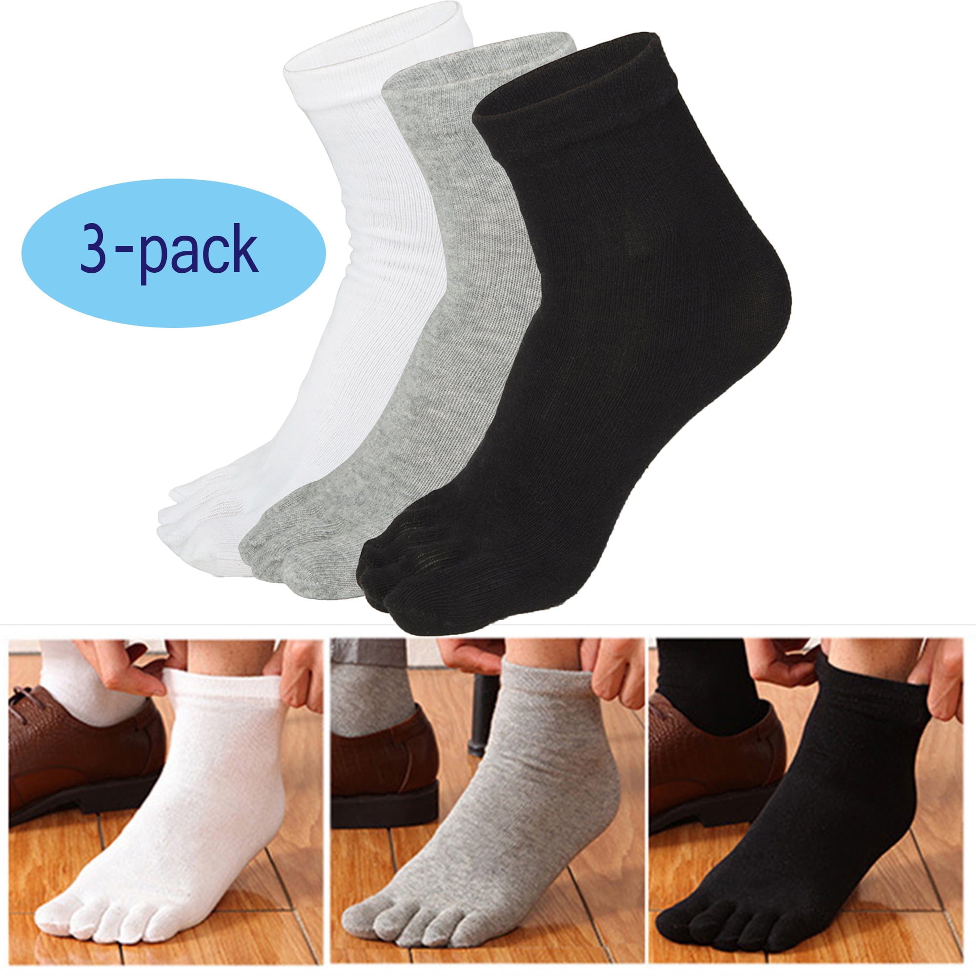 3 Pack Mens Toe Socks Cotton Athletic Running Ankle Five Finger Socks ...