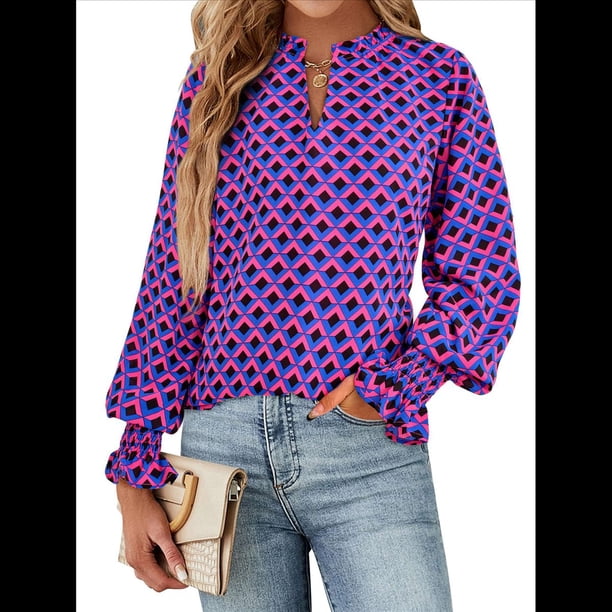 Blusa de Estilo Bohemio con Cuello en V y Mangas Largas, Estilo Floral, Informal, Holgada, de Verano, con Mangas Abullonadas para Mujer. Púrpura L