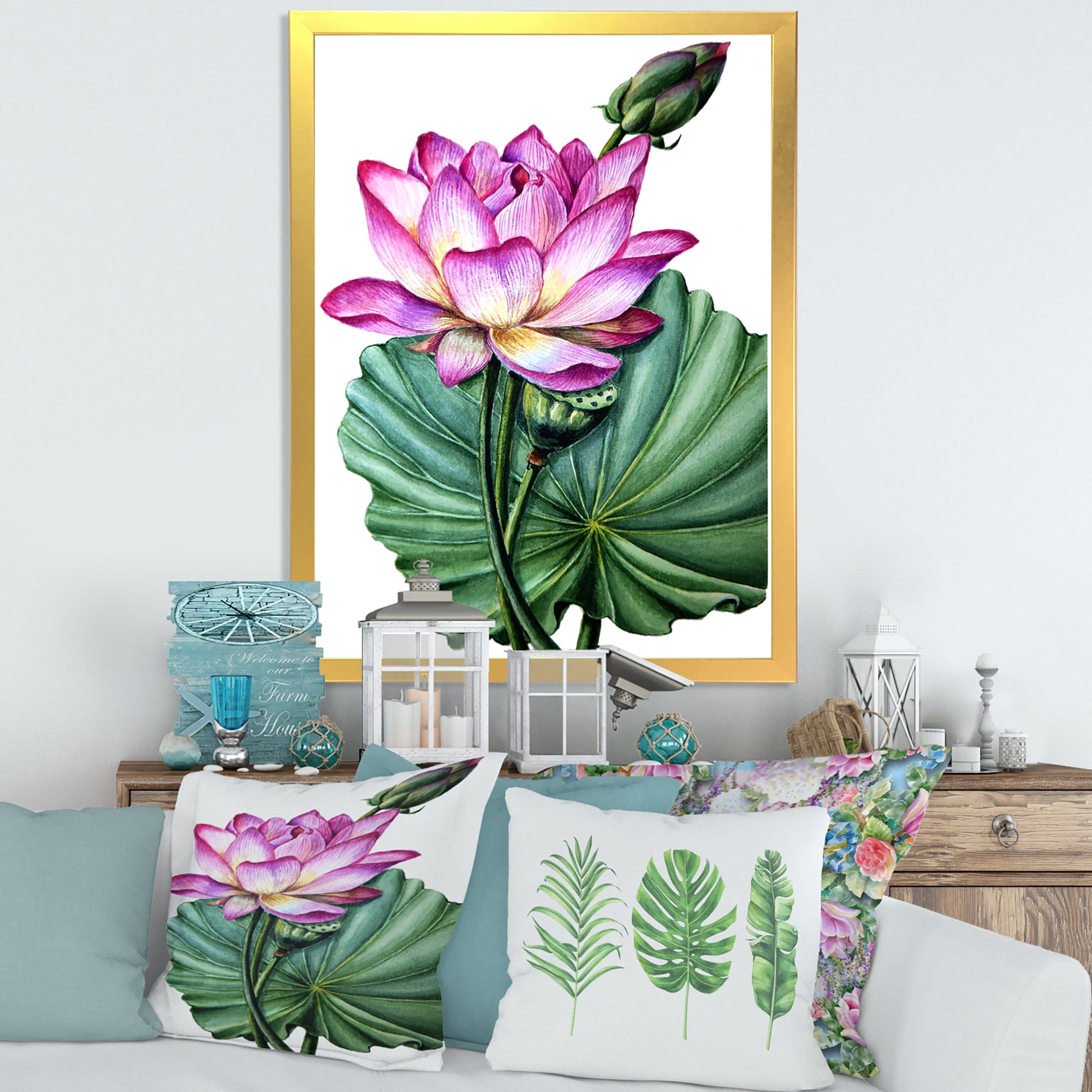 Designart 'Ancient Pink Lotuses In The Pond VI' Traditional Framed Art Print