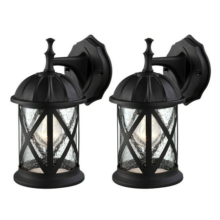 Outdoor Exterior Wall Lantern Light Fixture Sconce Twin Pack, Matte Black with Seeded