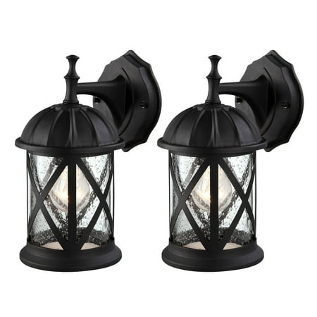 Outdoor Exterior Wall Lantern Light Fixture Sconce Twin Pack, Matte Black with Seeded (Best Lighting For Outdoor Kitchen)