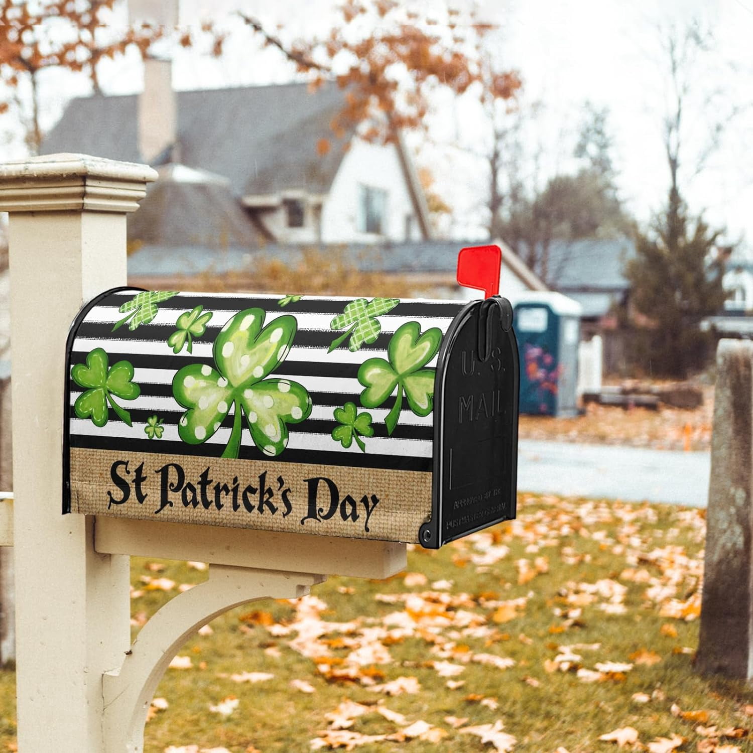 St. Patrick''s Day Mailbox Cover Magnetic Standard Size 18" X 21" Green Love Clover Black and White Stripe Mailbox Covers Magnetic Mailbox Covers Post Letter Box Cover for Outdoor Decor