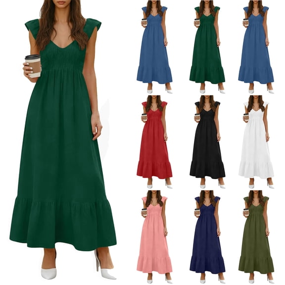 Women's Summer Floral One Shoulder Maxi Dress Knot Ruffle Boho Beach Vacation Wedding Guest Long Sun Dresses Green L