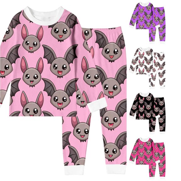 Weebloom Halloween Little Girls Pajamas Cute Bat Boys Pajama Set Long Sleeve Sleepwear Nightwear Pjs Loungewear Pink 5Y