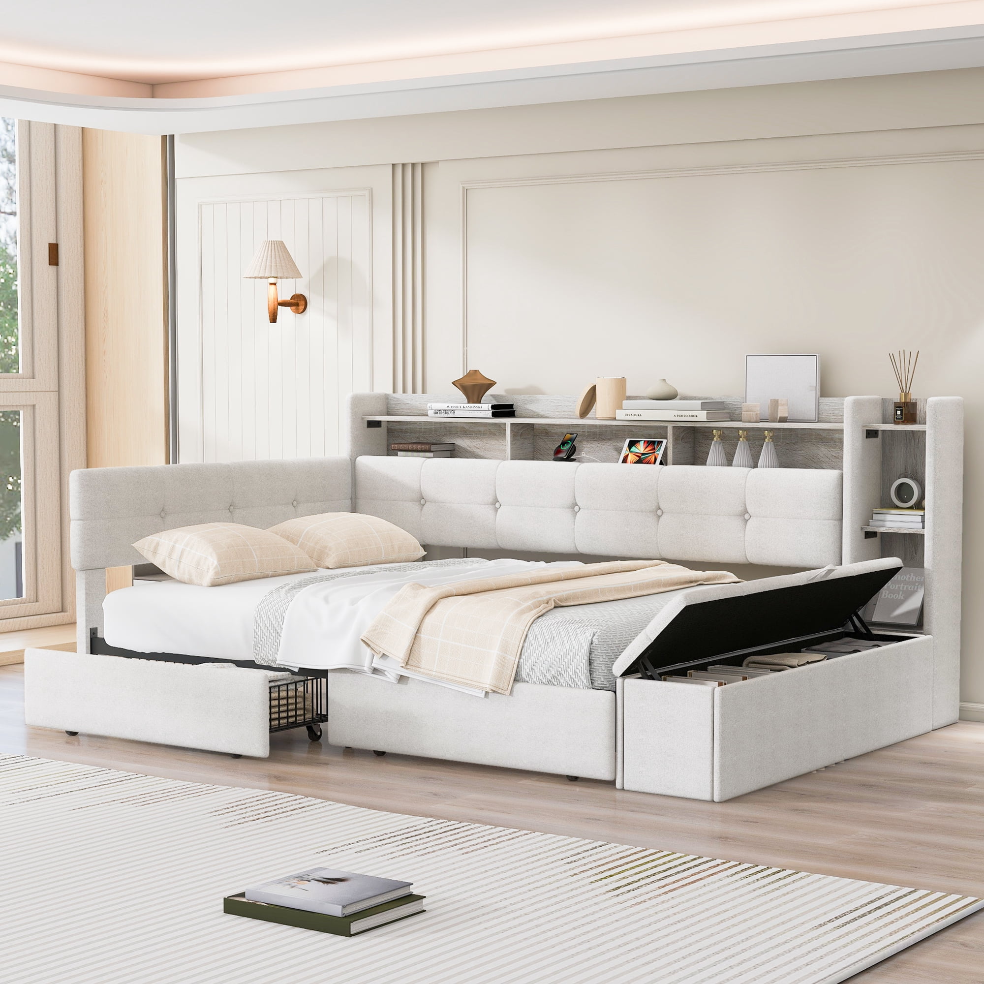 Euroco Upholstery Twin Size Daybed with Drawers, Storage Sofa Bed with Footstool and Shelves, LED Light and USB Charging, Beige
