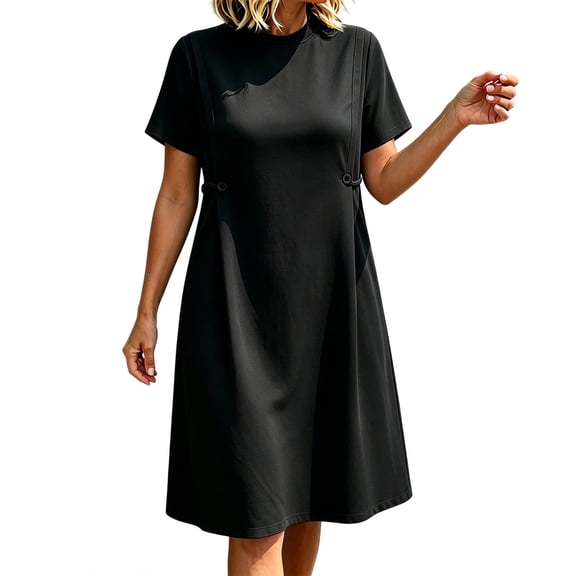 YuXingFu 100% Cotton Dresses Maxi Crew Neck Plus Size Womens Dress Short Sleeve Wrap Long Casual Summer Black S