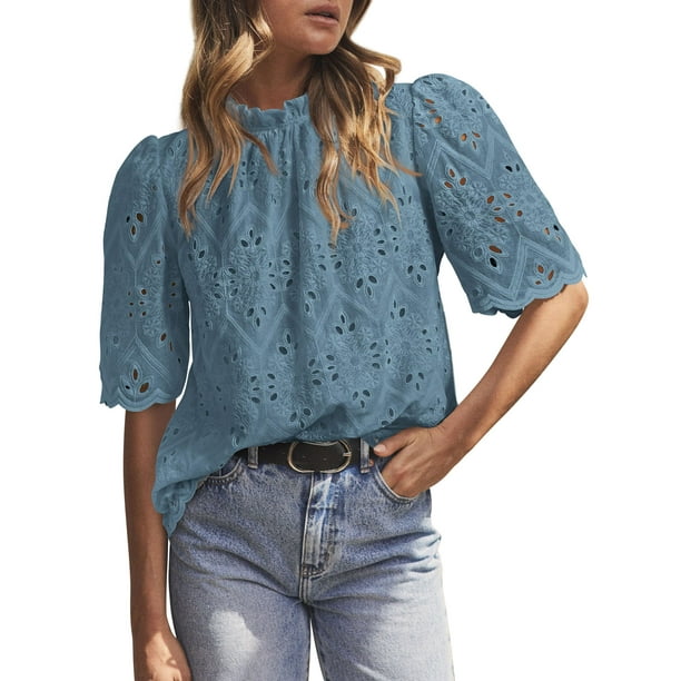 Blusa PRETTYGARDEN de verano con ojales bordados en azul gris para mujer