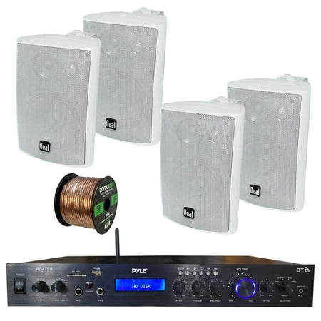 Pyle Home Theater Amplifier Audio Bluetooth MP3/USB/SD/AUX/FM Black Receiver Sound System, with 4x Dual 100 Watt 3 Way Indoor Outdoor Studio White Speakers, Enrock Audio 16-Gauge 50 Foot Speaker