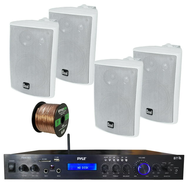Pyle Home Theater Amplifier Audio Bluetooth MP3/USB/SD/Aux/FM Black Receiver Sound System, with 4x Dual 100 Watt 3 Way Indoor Outdoor Studio White Speakers, Enrock Audio 16-Gauge 50 Foot Speaker Wire
