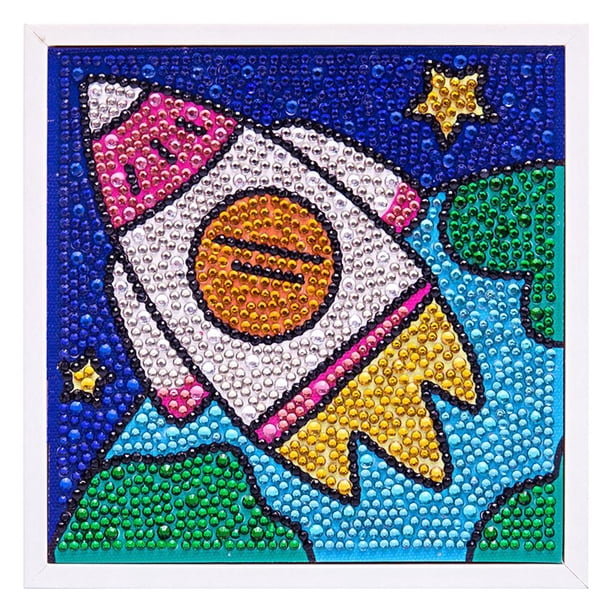 Pintura de diamantes de imitación hecha a mano, kits de pintura de diamantes de imitación, pintura de taladro completo con marco para principiantes, niñas, niños, cohete Yuarrent FN006796-04