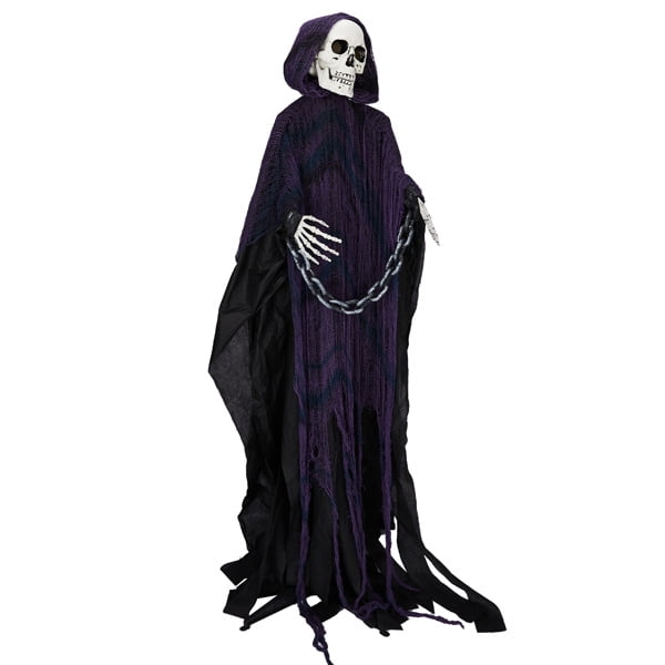 6FT Life Size Animatronic Grim Reaper Halloween Decoration, Sound Activated with Glowing Red Eyes, Moving Head & Hands, Scary Voice Phrases Battery Operated for Yard Haunted House Party Decor