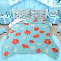 Homewish Lovely Daisy Flower Queen Comforter Set,Cartoon Floral Bedding Sets,Red Blue Bedding Comforter Set For Girl,Microfiber Bedroom Decor Reversible,3-Piece