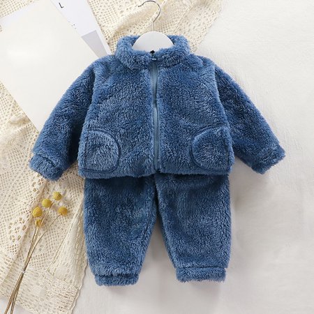 

Binhe Toddler Versatile Set Boys Girls Plush Warm Solid Color Fashion Home Wear Zipper Two P-iece Set Outfits and Easy to Care for Machine Wash