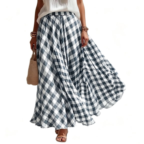 JGGSPWM Gingham Maxi Skirts for Women Elegant Elastic Waist A Line Stretch Lined Plaid Skirt Summer Casual Pleated Flowy Long Skirt Black XXL