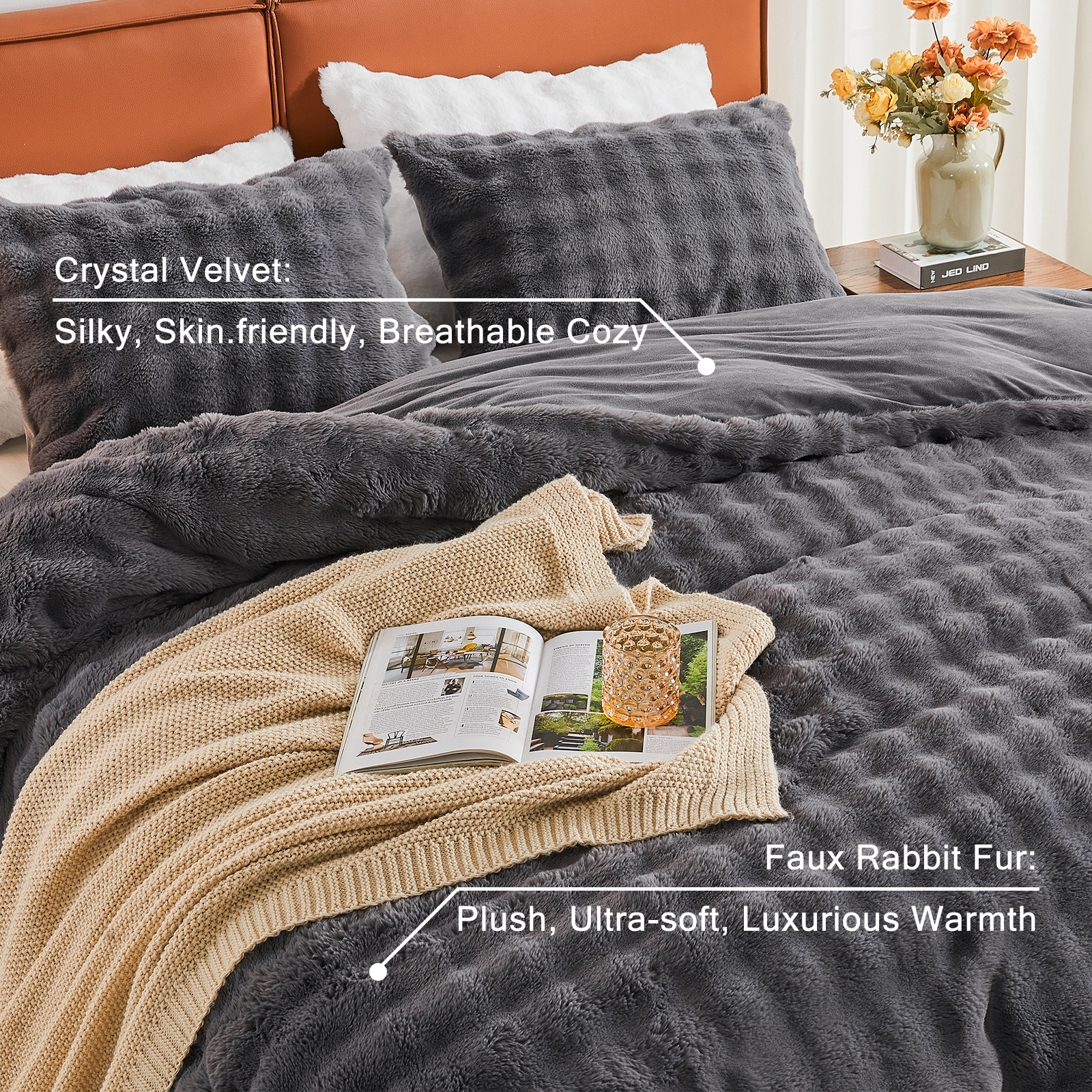 EMME Faux Fur Duvet Cover Twin-XL Size, 2 Pieces Ultra Soft Fluffy Comforter Cover, Cozy Warm for Winter, Luxury Shaggy Bubble Bedding Sets , 1 Duvet Cover & 1 Pillow Shams (Twin-XL,Dark Gray)