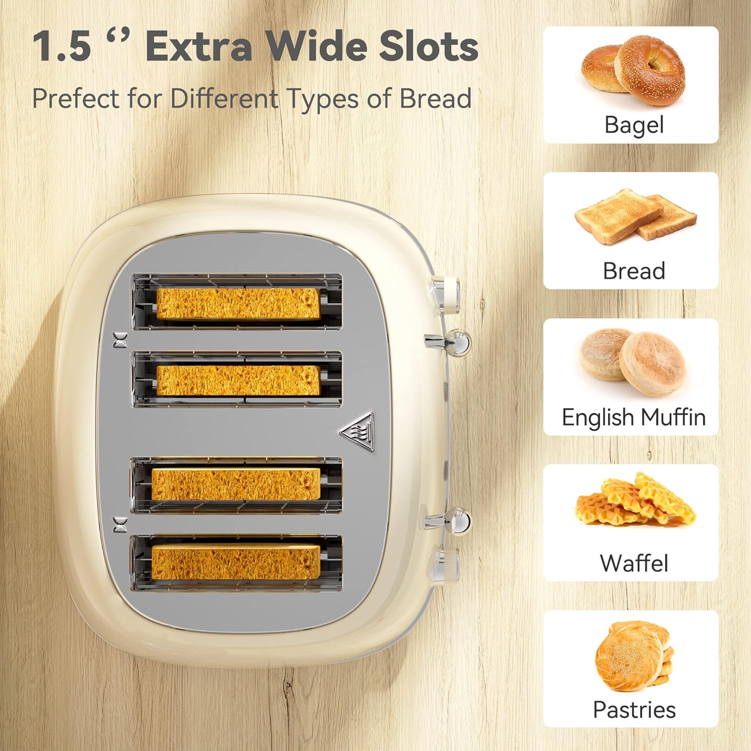 4-Slice Toaster with 6 Shade Browning Levels, 1.5'' Wide Slots, Dual Control Panels, and Removable Crumb Tray - Cream