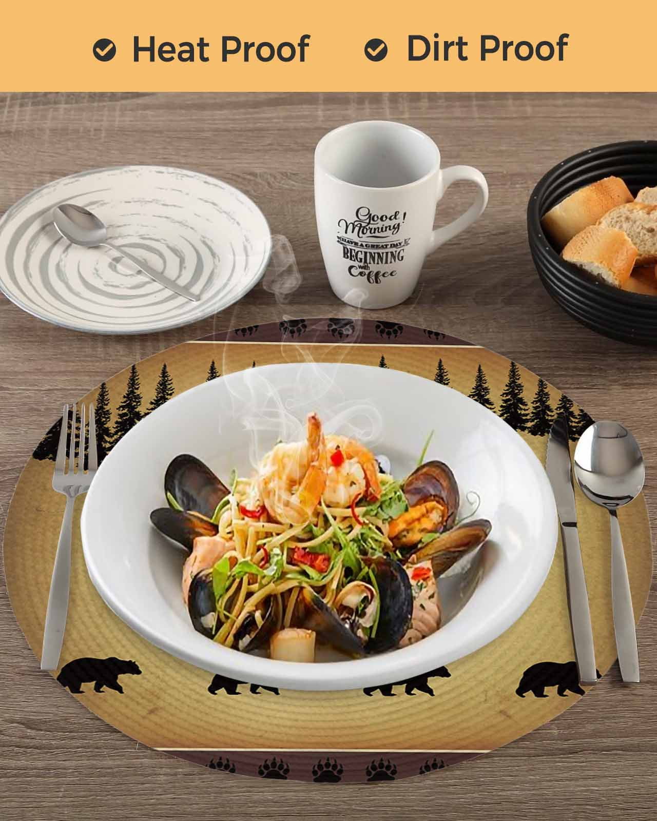 Black Vintage Forest Bear Round Table Placemats set of 6, Country Farmhouse Pine Washable Woven Place Mats for Dining Tables Kitchen Party Decor,Heat Proof, 13in, Brown
