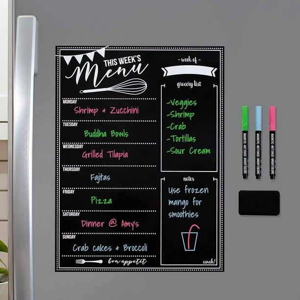 Tableau de menu magnétique effaçable à sec pour réfrigérateur : avec  marqueurs à craie néon brillants – Tableau noir planificateur de repas  hebdomadaire et bloc-notes pour liste d'épicerie pour réfrigérateur de  cuisine –