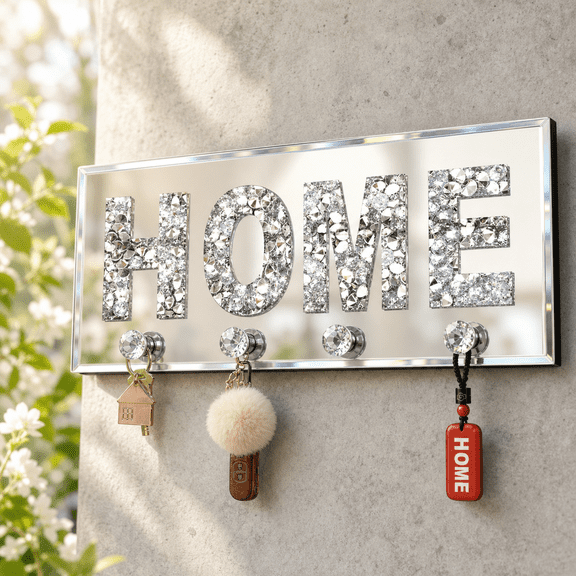 Crush Mirrored Home Letter Plaque Sign For Wall Decor Crystalr Hooks Key Holder Hanger Mirror Decoration Art Mounted 15"*5.9"*1.6"