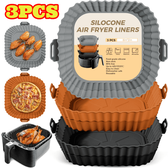 3pcs Air Fryer Silicone Liners, 8 inch Reusable Air Fryer Liners, Food Grade Silicone Airfryer Liners Baking Basket Accessories