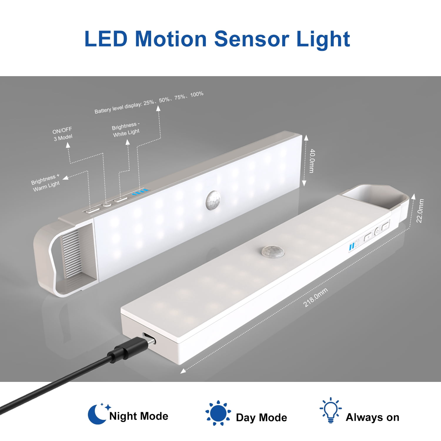 1000mAh Motion Sensor Light, 60-LED Under Cabinet Lighting, 2-Color Magnetic Rechargeable Wireless Closet Night Lights Bar (4 pack)