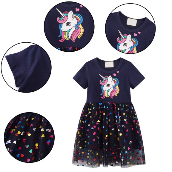 LYMAYTER Baby Toddler Girls Sequins Dresses Kids Casual Short Sleeve Onesies Tutu Dress Princess Unicorn Sundress A-Line Tulle Skirt 2-8Y